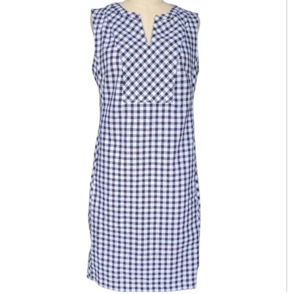 Talbots Linen Cotton Gingham Dress Sleeveless Sheath Pockets Size 10P Spring EUC